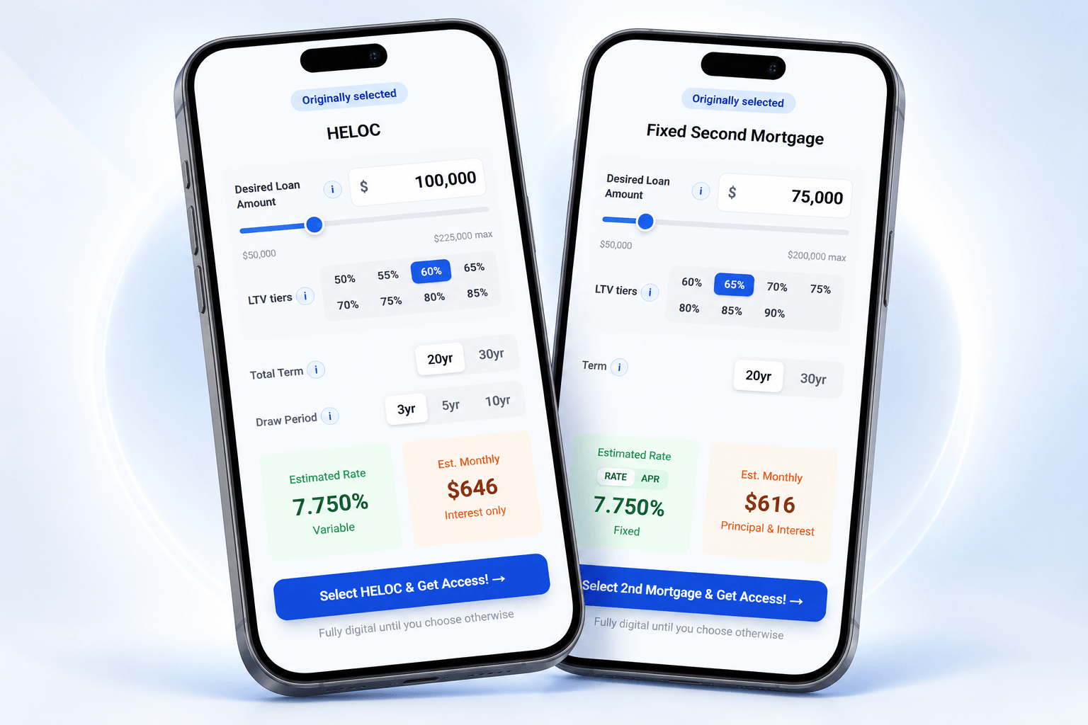 Two access.loan mobile quote screens showing HELOC and fixed second mortgage options