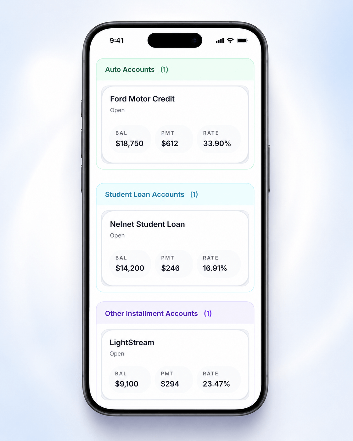 Mobile credit account selection screen used to build a personalized payoff plan